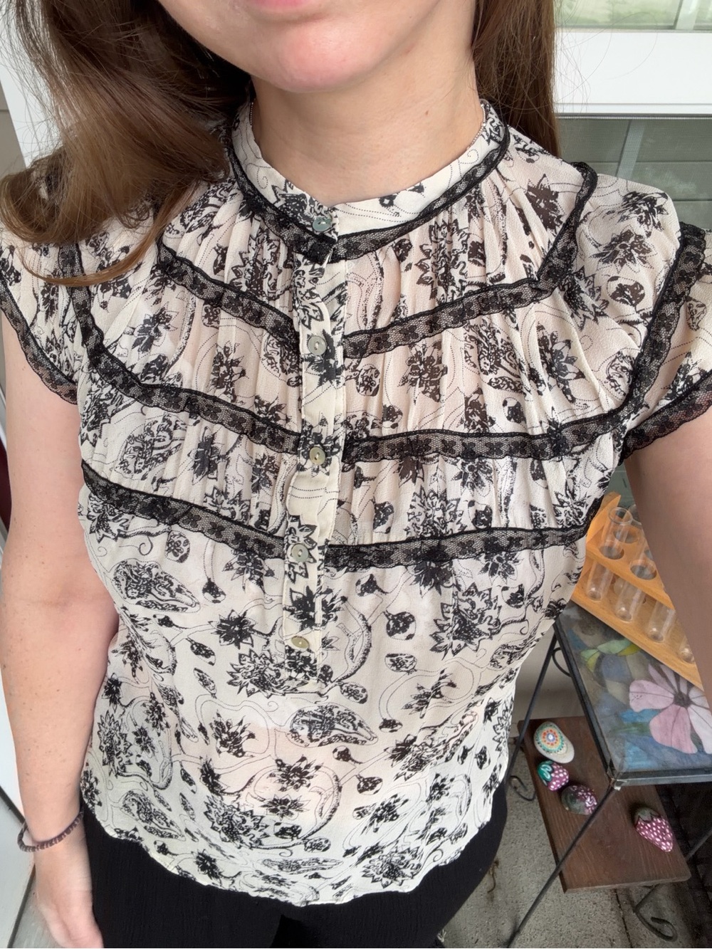 Max Studio Black & Cream Floral Lace-Trim Silk Blouse